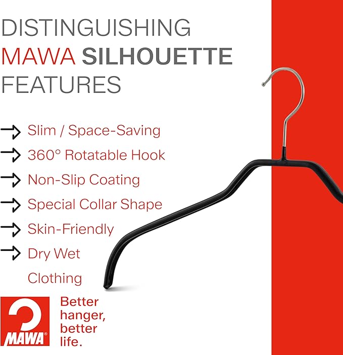 Mawa by Reston Lloyd Silhouette Series Non Slip Saving Clothing Hanger for Shirts and Dresses, Style 41/F,Set of 140, Silver