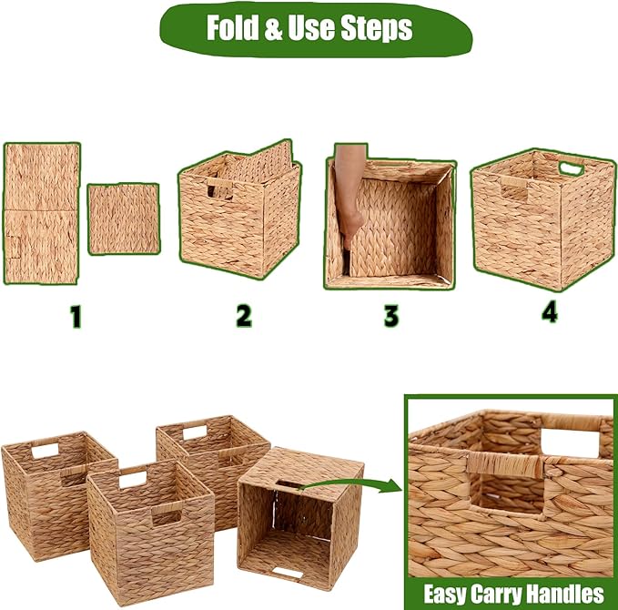 Storage Baskets 11x11inch Cube Baskets 4 pcs Baskets,Foldable Handwoven Water Hyacinth Laundry Organizer,Cube Storage Baskets