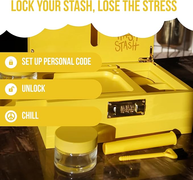 HASHSTASH The OG Storage Box - Large Bamboo Box with Combination Lock, Magnetic Lid, Organizer Tray, Airtight Tube and 3 Jars - Discreet Decorative Locking Wooden Box with Accessories (Yellow/Gold)