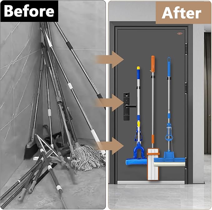 3-H Magnetic Broom Holder 8 Piece Set, 304 Stainless Steel Broom Holder Wall Mount, No Drilling Magnetic Tool Holder with 4 Mini Magnetic Hooks for Garage Garden Laundry Kitchen, Silver