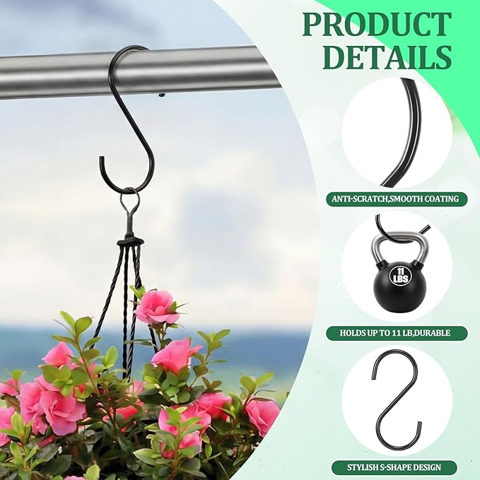 24 Pack 6 Inch Black S Hooks for Hanging Pots and Pans, Vinyl Coated Metal Kitchen Pot Rack Hooks Heavy Duty Hangers for Closet Jeans Utensils Coffee Mugs Plants