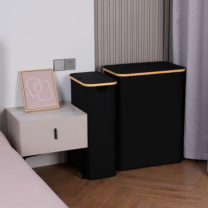 efluky Slim Laundry Basket with Lid, Narrow Laundry Hamper with Removable Bag, Skinny Dirty Clothes Basket with Bamboo Handles for Bathroom, Bedroom & Laundry Room, 90L Black