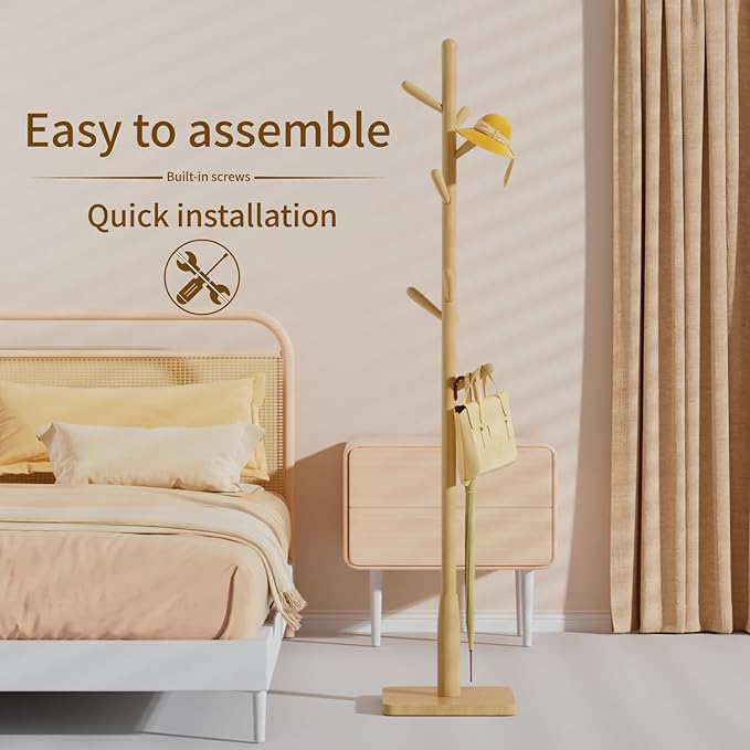 Solid Wood Square Base Coat Rack, Free Standing Hall Coat Tree with 8 Hooks（+2 spare) for Coats, Hats, Bags, Purses, for Entryway, Hallway, Rubberwood Hooks,Base and Pole,(Square Base, Natural Beige)