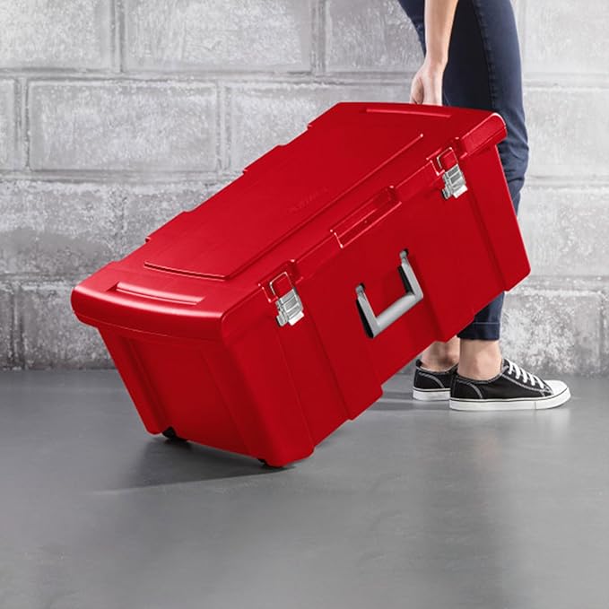 Sterilite 4 Pack Wheeled Footlocker, Lockable Plastic Utility Storage Container, Red
