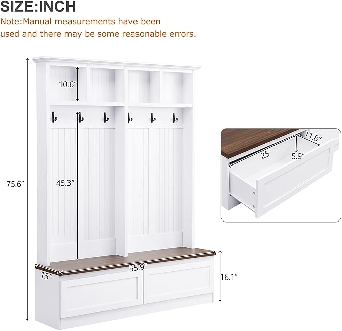 Merax Wood Hall Tree Entryway Bench with 6 Hooks, Farmhouse Mudroom Versatile Coat Racks with 2 Large Drawers Entrance Organizer for Hallway White