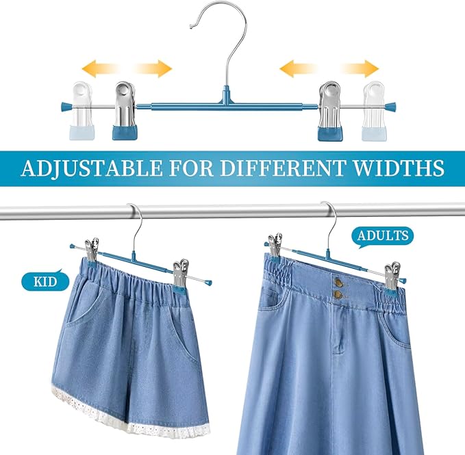 Pants Hangers with Clips 20 Pack Adjustable Skirt Hangers for Women Non-Slip Trousers Hanger for Jeans Clothes Hangers for Pants Heavy Duty Space Saving Shorts Hangers,Blue,12Inch