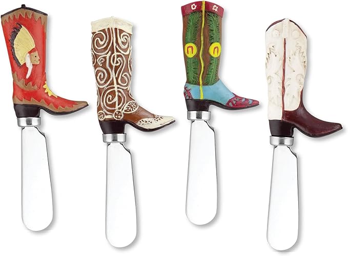 Supreme Housewares Western Cowboy Boot Cheese Spreaders, Hand-Painted Resin Handles with Stainless Steel Blades for Spreading Cream Cheese, Butter, and Jam, Assorted Designs, Set of 4