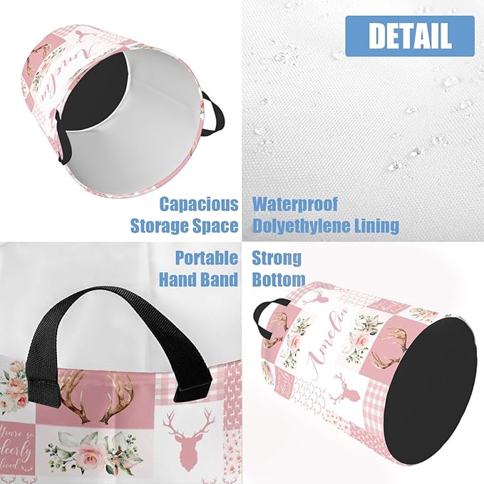 Custom Name Deer Laundry Baskets, Personalized Pink Laundry Basket for Kids & Adults, 2 Sizes Storage Organizer