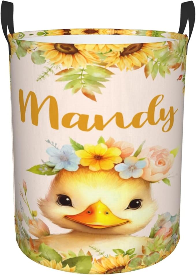Personalized Duck Sunflower Laundry Basket For Baby Kids Boys Girls Adult Custom Hamper Basket With Name For Bathroom Bedrooms Collapsible Baby Laundry Basket, Dirty Clothes Hamper With Handles