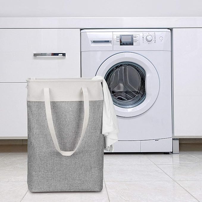 i BKGOO Laundry Basket with Handles Beige&Grey-Slim Laundry Bin Collapsible Dirty Clothes Basket Narrow Laundry Bag Foldable Dirty Hamper for Camping, Dorms, Apartments