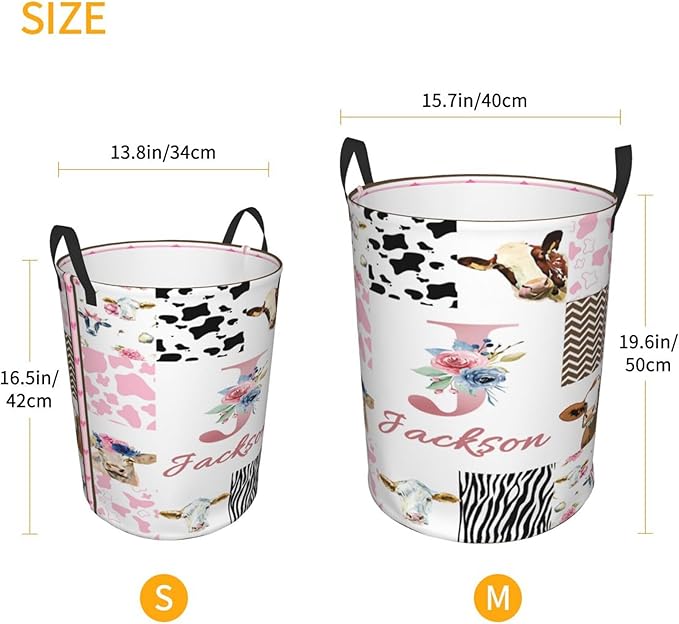 Personalized Cow Laundry Basket For Baby Kids Boys Girls Adult Custom Hamper Basket With Name For Bathroom Bedrooms Collapsible Baby Dirty Clothes Hamper With Handles