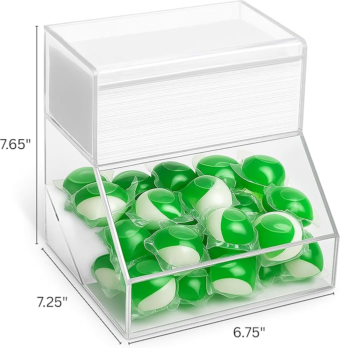 2-Compartment Acrylic Storage Container, Laundry Pods and Dryer Sheet Dispenser, Clear Dishwasher Pod Holder with Lid