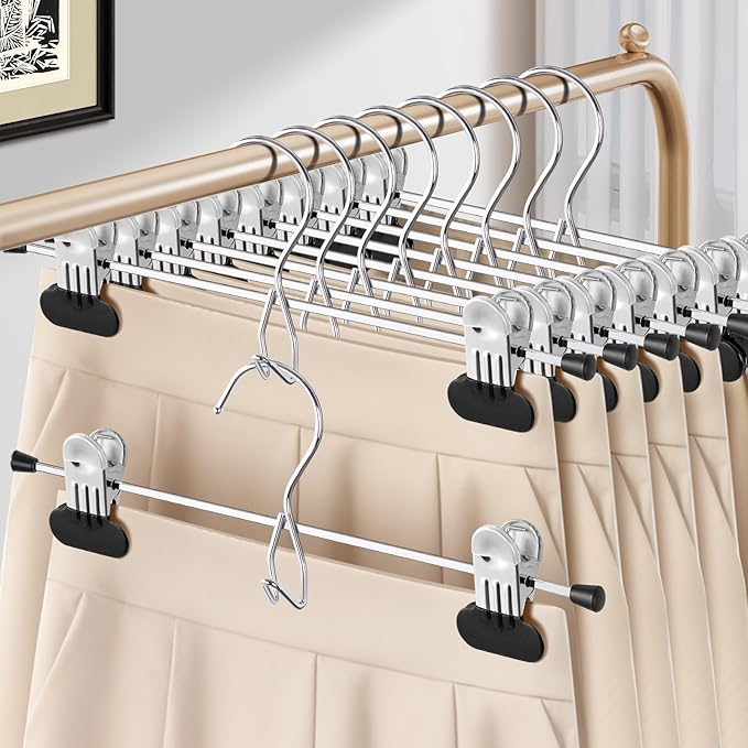 HUADYMEET 14Inch Pants Skirt Hangers Space Saving with Adjustable Wide Clips,Heavy Duty Stackable Non-Slip Metal Clothes Hanger for Men, Women, Jeans, Trousers, Shorts, Slacks,20 Pack（Black）