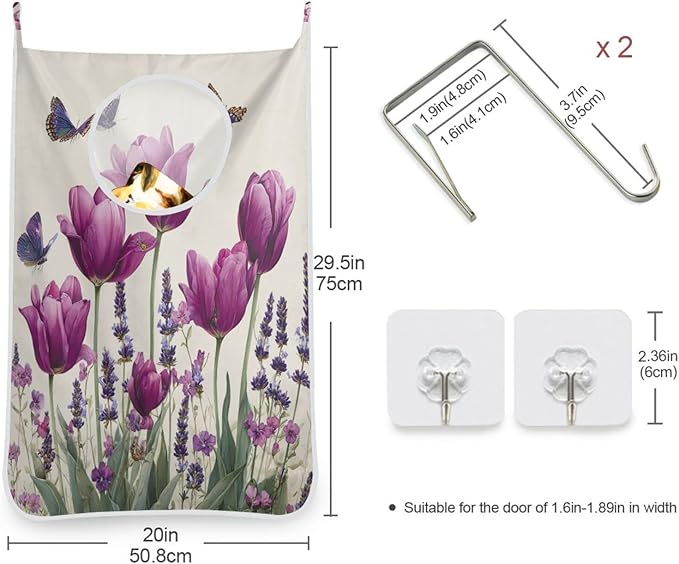 Purple Tulilp Butterfly Hanging Laundry Hamper Door Hampers Bag Basket with Stainless Steel Hooks Oxford Fabric Printing Decorative Clothes Bags 29.5X20inch 1Pack