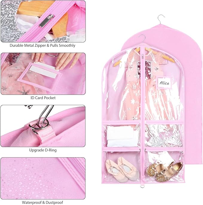 Syeeiex 3" Gusseted Dance Costume Garment Bag(2 Pack), 40'' Dance Garment Bags for Dancers with 4 Zipper Pockets & Can Hold 1-3 Dance Costumes - Suitable for Dance Competitions, Ballet(Pink)
