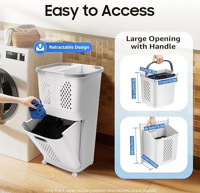 Laundry Basket on Wheels, 3 Section Detachable Laundry Hamper with Handle Dirty Clothes Hamper Clothes Storage Laundry Sorter