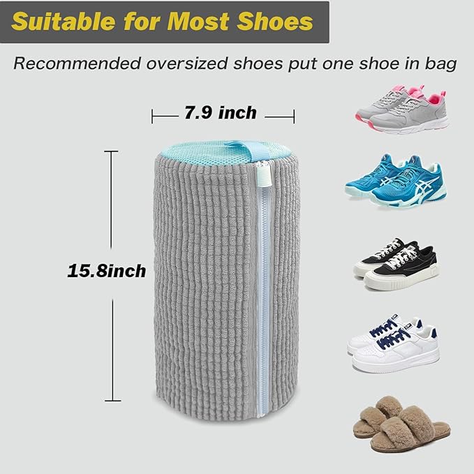 Shoe Washing Machine Bag,Laundry Shoe Bag for Washer and Dryer,Reusable Shoe Cleaning Bag for Sneakers,Tennis Shoes,With Self-locking Zipper, Microfiber Inside,Include Shoes Storage Bag (Grey(2PC))
