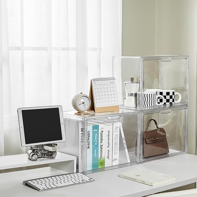 Clear Stackable Plastic Storage Bins with Magnetic Attraction Lid, Acrylic Box Display Case Showcase for Cosmetic, Large Figures Collectibles (4 Pack, X-Large)