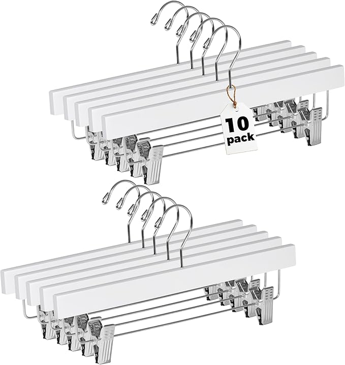 Quality Hangers Wooden Pants Hangers - 10-Pack Swivel Hook Cloth Hanger Set - Lotus Wood Skirt, Pant, Shorts and Slack Hangers with Adjustable Clip – White Clothing Hanger (White, 10)