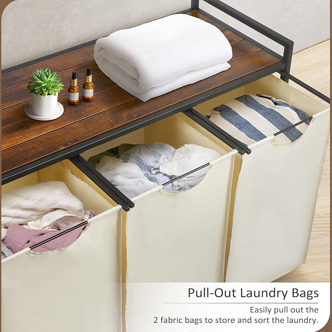 Pull Out Laundry Hamper 3 Compartment Laundry Sorter with Shelf 3 Section Laundry Basket with 3 x 16 Gallons Removable Bags for Laundry Room Bathroom and Dorm, Beige