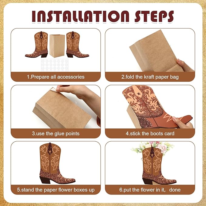 16Pcs Western Cowboy Boots Flower Boxes Centerpiece Brown Boots Shape Box Decorations Western Cowboy Boot Vase Paper Box for Wild West Rodeo Birthday Baby Shower Decoration