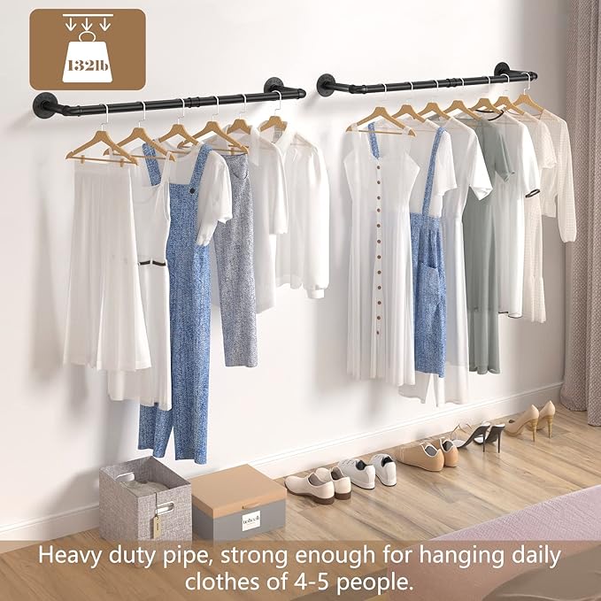 Elibbren 3 Pack Clothing Rack Wall Mount, Industrial Pipe Clothing Rack 38.4IN, Hanging Clothes Rack,Heavy Duty Iron Garment Rack Bar for Closet,Laundry Room, Multi Purpose Hanging Rod,Black