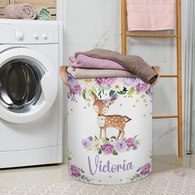 Personalized Laundry Basket, Custom Gift Laundry Hamper, Collapsible Nursery Waterproof Laundry Baskets, Dirty Clothes Toy Hamper with Handles Gold Floral Woodland Deer