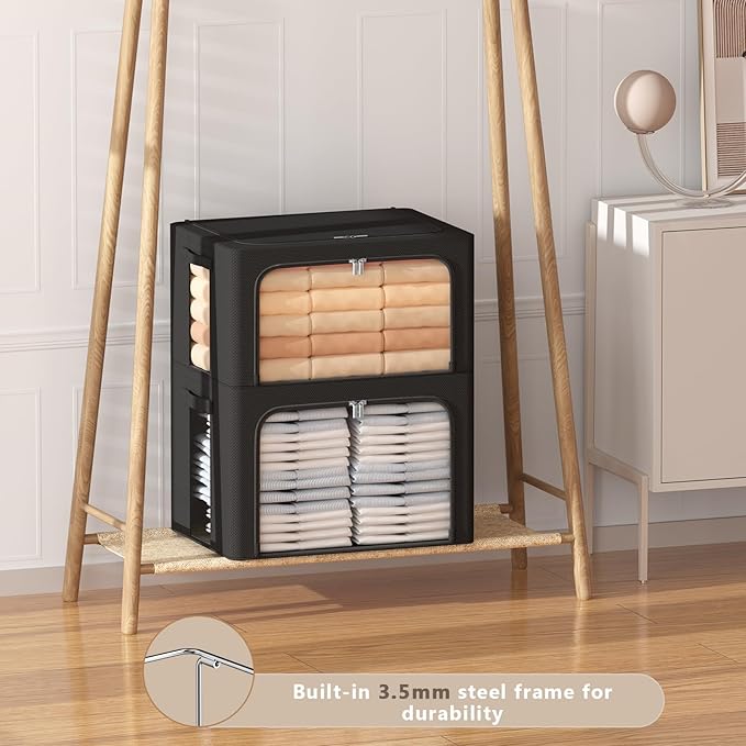 CYhom 3Pack Frame Storage Box - Clothes Storage Bin Bags Oxford Fabric Foldable Stackable Container Organizer Set with Clear Window & Carry Handles (Black, Large-66L)