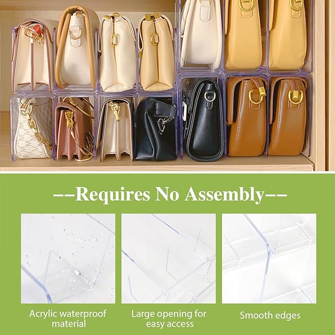2 Pcs Acrylic Clear Purse Organizer for Closet - 4 Sections Handbag Divider Holder Storage in Bedroom Office (Pink)