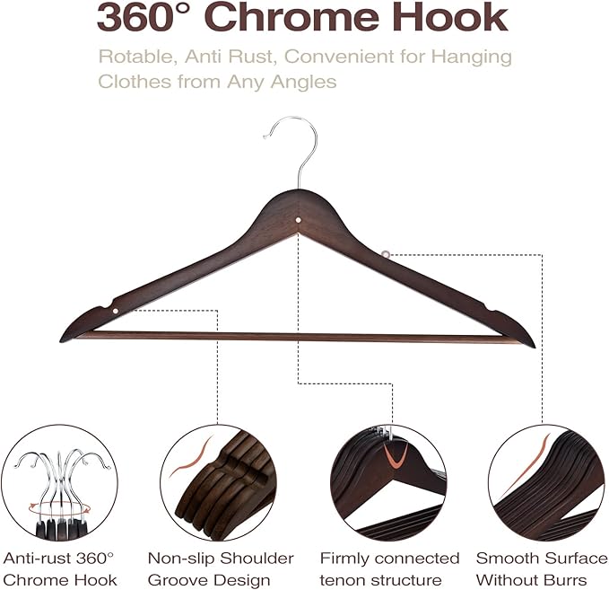 FairyHaus Wood Hangers 30 Pack, Smooth Finish Wooden Coat Suit Hangers with 360° Swivel Hook and Notches, Lightweight Walnut Wood Clothes Hangers for Camisole, Pants, Dress