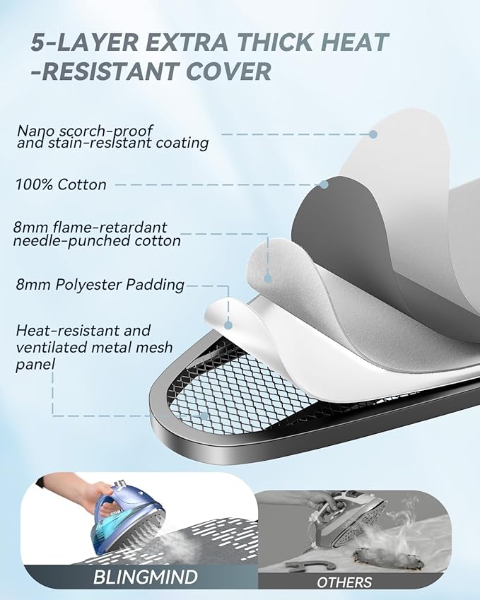 Ironing Board Full Size 54"x13" - Adjustable Height Foldable Iron Board with Iron Rest, Heat-Resistant Cover & Ultra Thick Padding - Heavy-Duty Sturdy Design, Space-Saving Ironing Table (Grey)