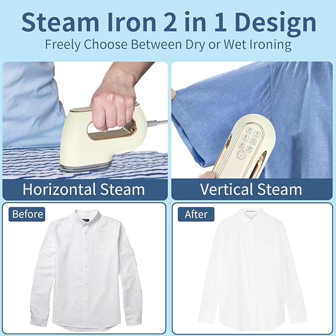 Portable Travel Steamer Iron for Clothes: Mini Handheld Garment Steam Ironing Machine for Clothing - Professional Small Size Hand Held Traveling Fabric Steamers for Wrinkle on Dress Shirt (Beige)