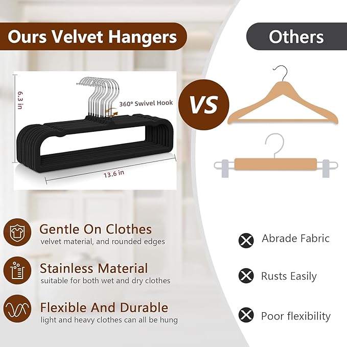 50 Pack Velvet Hangers Non Slip, Felt Pants Hangers Thin Space Saving Clothes Hanger Flocked Strong Durable Ganchos para Colgar Ropa with 360°Swivel Hook for Pants Jeans Shorts Tank Top, Cream White