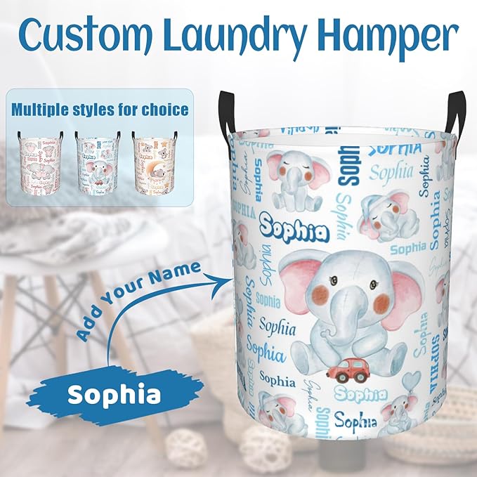 Personalized Elephant laundry basket, Customizable cute Laundry Hampers, Custom name Laundry Hamper, Customized Elephant Hamper with name for Living Room Bedroom Bathroom Barbershop