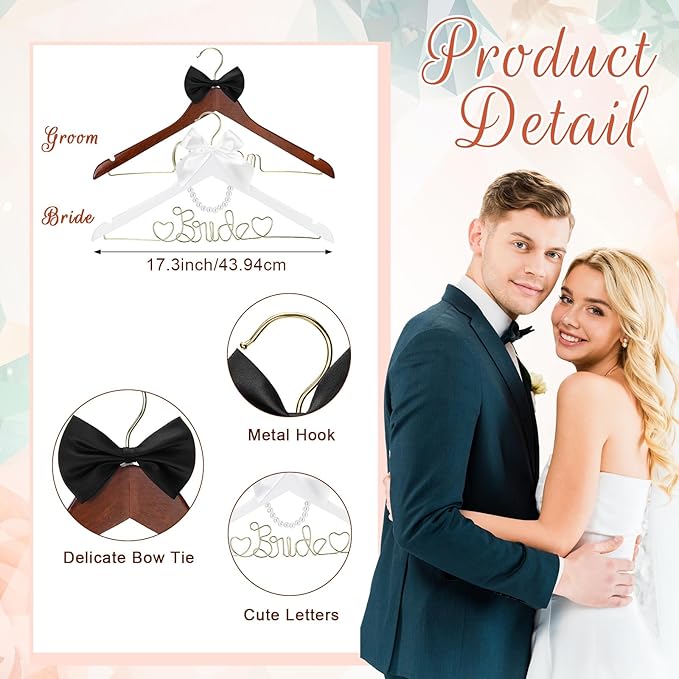 2 Pcs Bride Hanger for Wedding Dress Bride and Groom Wooden Wedding Dress Hanger Set with Bow Tie for Tuxedo Suit Gift Bridal Party Shower