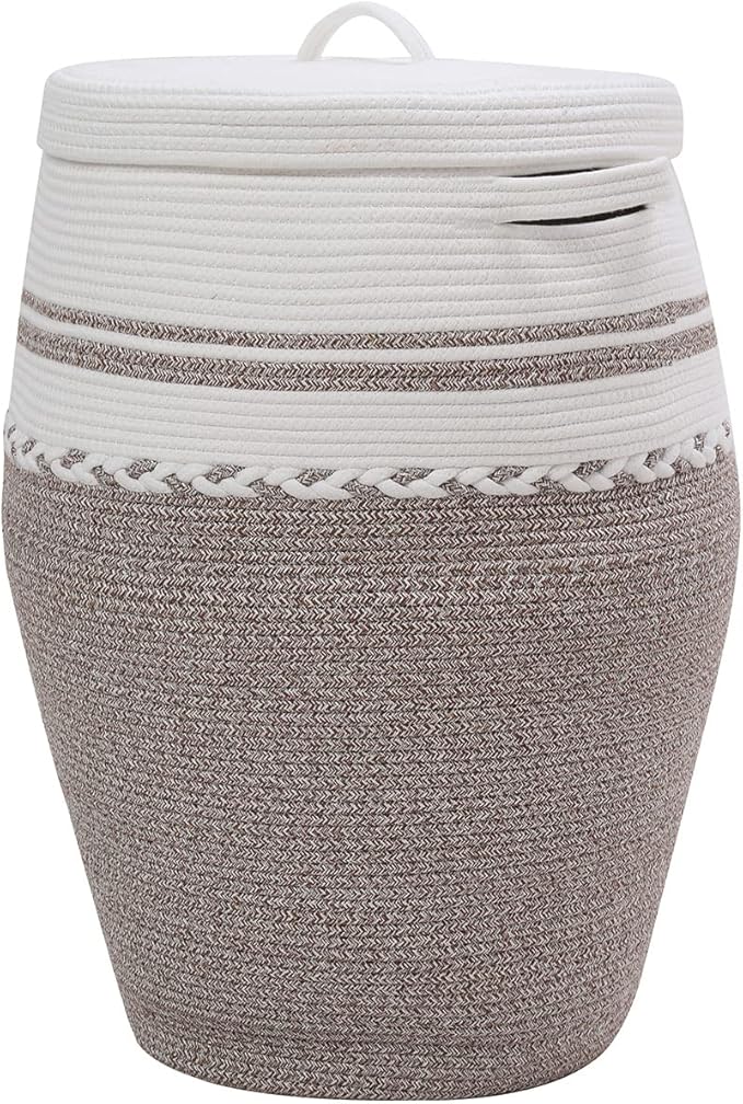 26"x20" Handcrafted Tall Cotton Rope Basket with Lid, Stylish Flagon Shape with Cover, Clothes Hamper with Top, for Bedroom and Living Room, White/Deep Camel White Mix