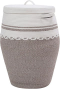 26"x20" Handcrafted Tall Cotton Rope Basket with Lid, Stylish Flagon Shape with Cover, Clothes Hamper with Top, for Bedroom and Living Room, White/Deep Camel White Mix
