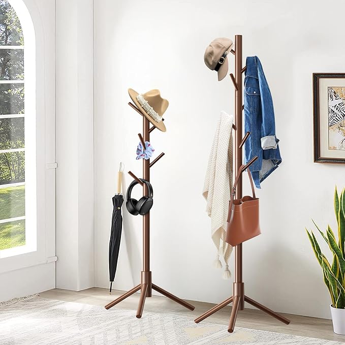 Wooden Coat Rack Freestanding with 8 Hooks,Easy Assembly New Zealand Pine Tree Coat Racks, 3 Adjustable Sizes for Clothes, Hats, Bags, for Entryway, Hallway, Bedroom, Office (Brown, 2 PCS)