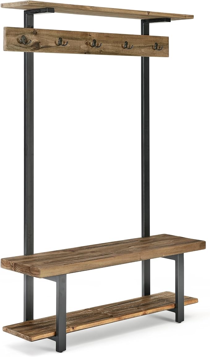 Alaterre Furniture Pomona Entryway Organizer – Modern Farmhouse 48-Inch Solid Wood Hall Tree with Bench, Shelves & Metal Coat Hooks – Mudroom & Foyer Storage for Jackets, Bags & Shoes (Rustic Brown)