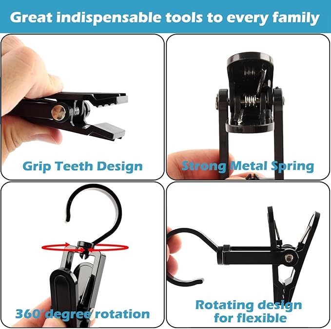 20 PCS Laundry Hooks with Clips Super Strong Plastic Home Travel Swivel Hanging Hanger Closet Organizer Clamps Socks Boot Bras Towels for Bathroom Wardrobe Kitchen Office (Black)