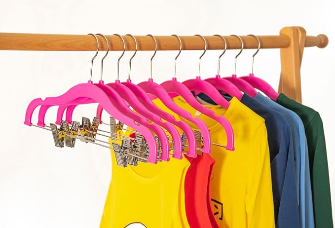Quality Kids Plastic Non Velvet Non-Flocked Thin Compact Skirt Pant Coat Hangers with Metal Clips for Skirts Pants Blouses 360° Swivel Hook, Jacket, Shirt, Pants, Suit Hangers (Pink, 20)