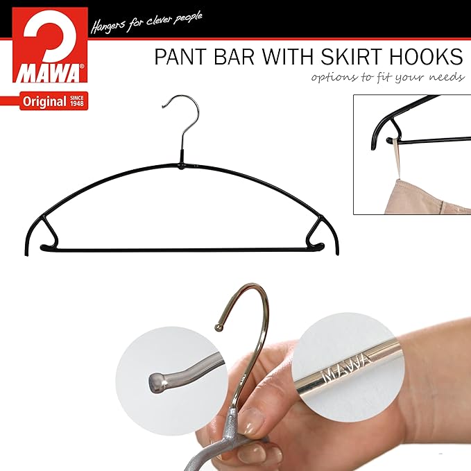 Mawa by Reston Lloyd Euro Ultra Light/Thin Series, Non-Slip Space-Saving Clothes Hanger with Bar & Hooks for Pants and Skirts, Style 42/PTU, Set of 10, Black