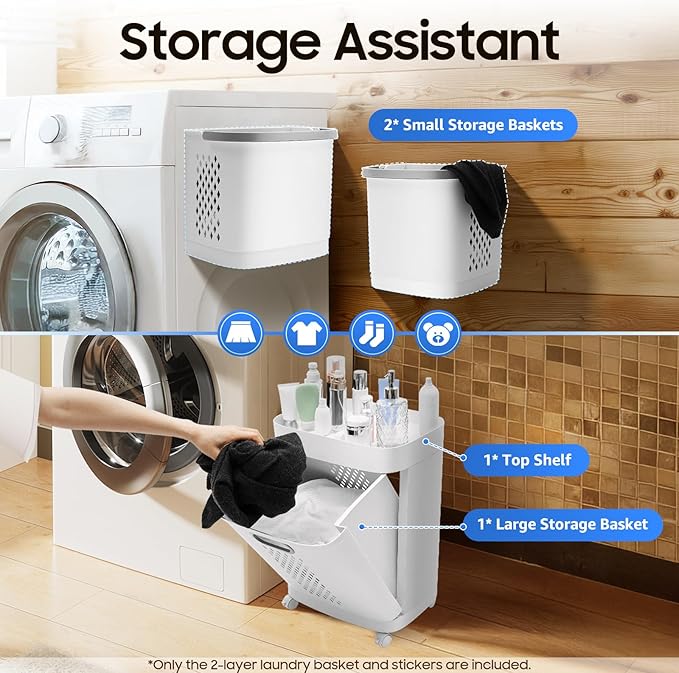 2 Tier Rolling Laundry Hamper Sorter, Removable Laundry Basket Cart with Wheels and Handle Removable Clothes Hamper Organizer White Portable Storage Baskets with 3 Deep Baskets for Bathrooms