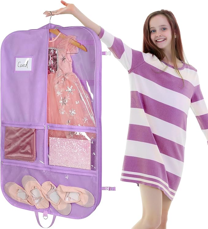Univivi 40 Inch Kids Garment Bags for Dance Costumes, 3 Medium Clear Zipper Pockets and 2 Back Zippered Pockets for Hanging Clothes, Travel Storage - Purple
