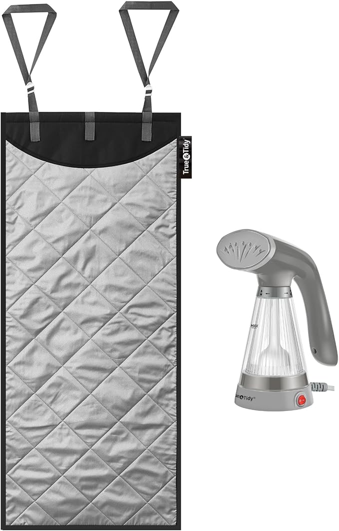 True & Tidy Complete Garment Care Compact Travel Clothes Steamer and XL Over the Door Protective Iron and Steam Press Pad Set (Gray)