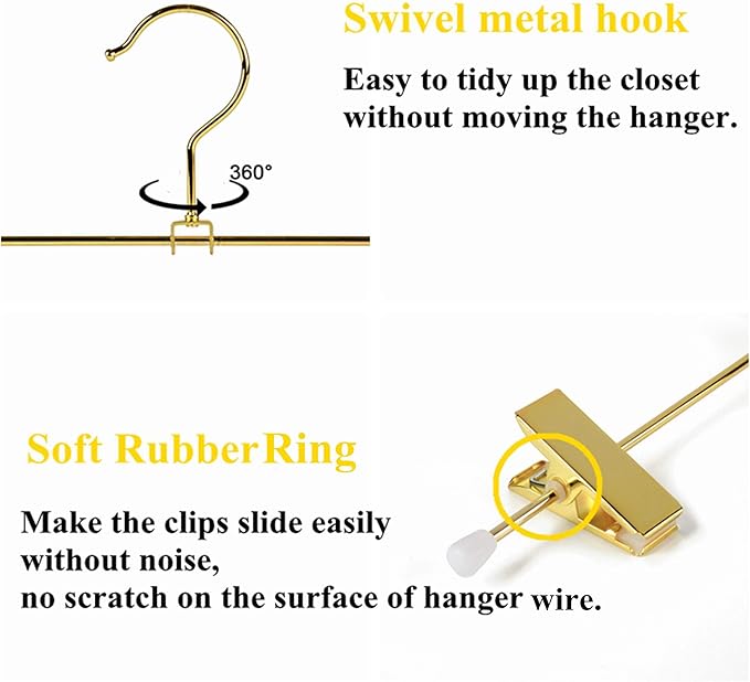 Amber Home 20 Pack Shiny Gold 12 Inch Metal Pants Skirts Hanger, Sturdy for Slacks Trousers with 2 Adjustable Non Slip Clips and Swivel Hook (20 Pack)