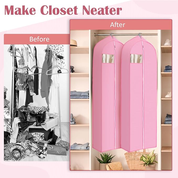 2 Pcs 10" Gusseted Garment Bags for Hanging Clothes Dress Bags for Gowns Long Closet Waterproof Garment Covers Wedding Dress Cover Traveling Clothes Protector (Pink,65 Inch)