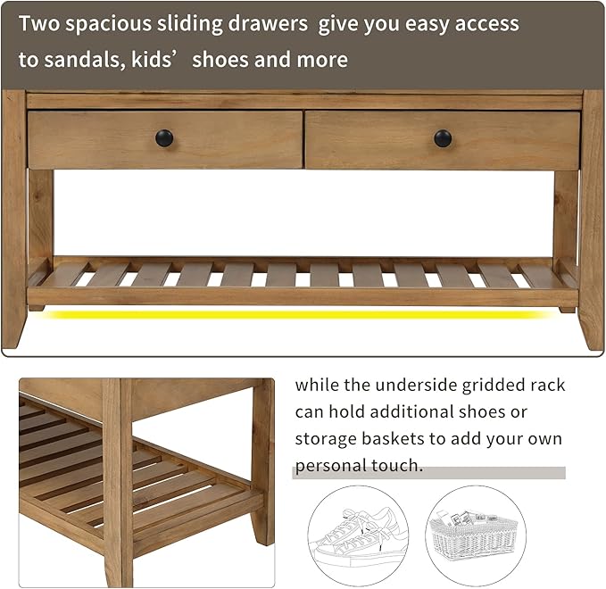 Harper & Bright Designs TREXM Shoe Rack with Cushioned Seat and Drawers, Multipurpose Entryway Storage Bench (Old Pine)