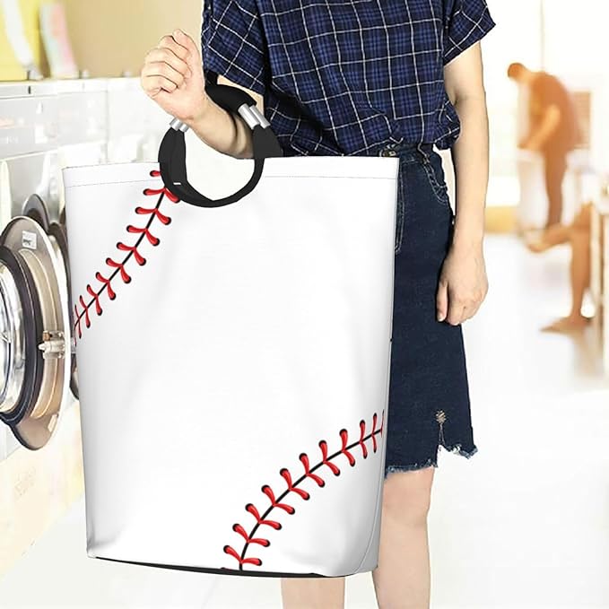 Red Stitching Baseball Laundry Hamper White Ball Storage Basket Toys Clothes Organizer Bin For Home Bathroom Bedroom Dorm Nursery, 52l