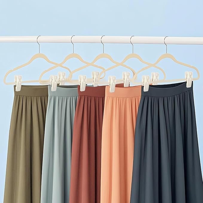Hanger Clips Perfect for Velvet Hangers (Beige, 80 PCS), Strong Plastic Clips Pant Skirt Hanger Sock Clips for Beige Flocking Felt Hangers
